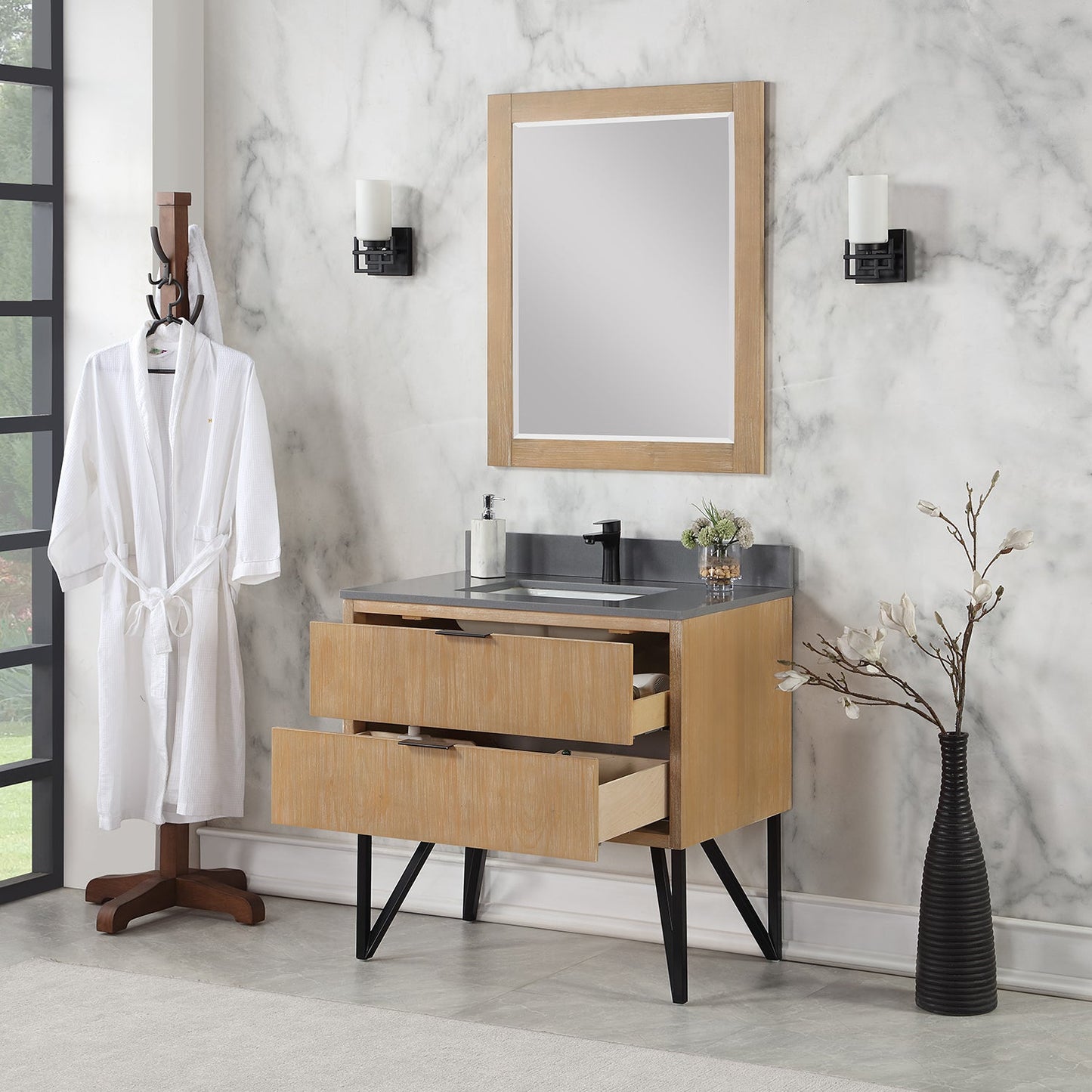 Helios 36" Single Bathroom Vanity in Weathered Pine with Carrara White Composite Stone Countertop with Mirror
