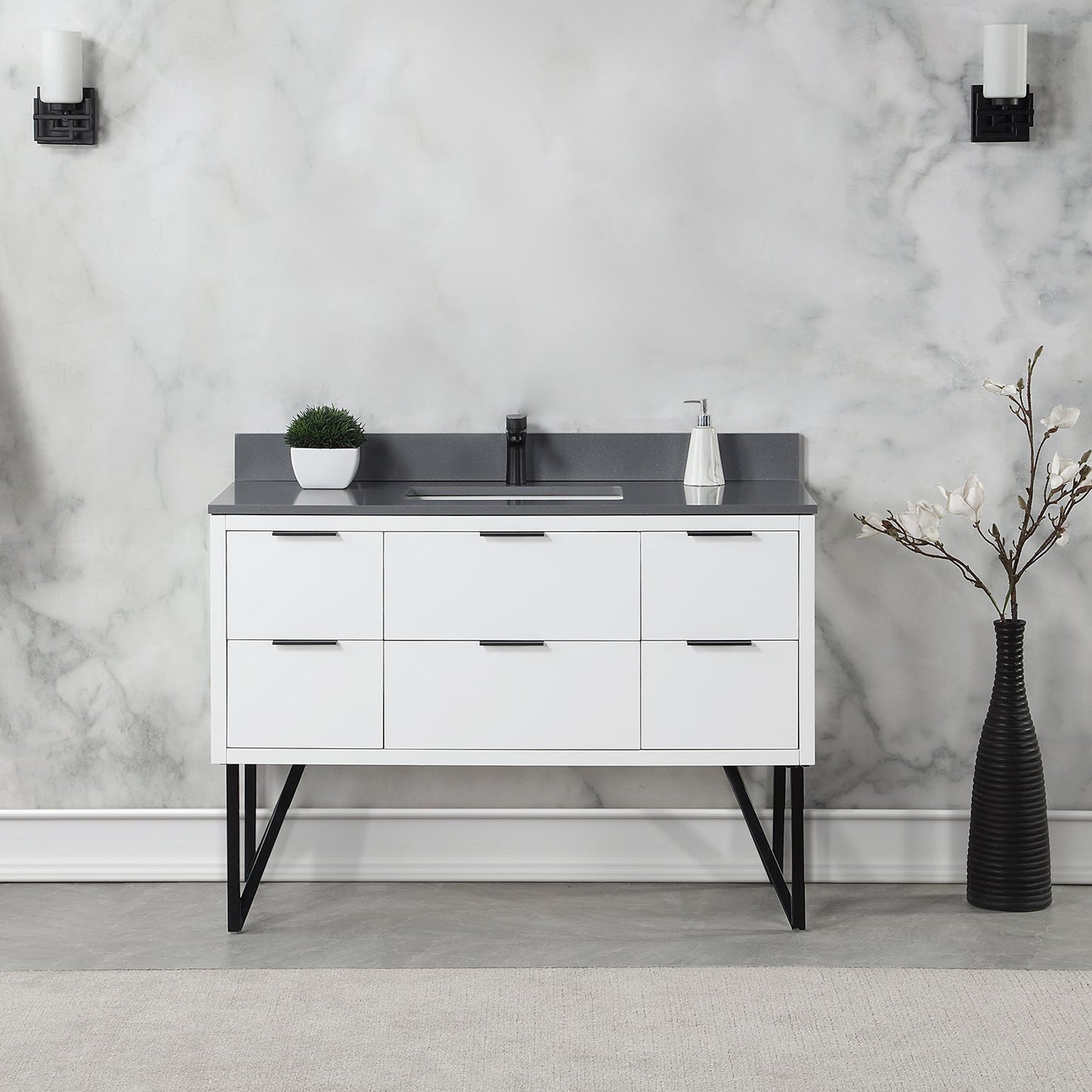 Helios 48" Single Bathroom Vanity in White with Concrete Gray Composite Stone Countertop without Mirror