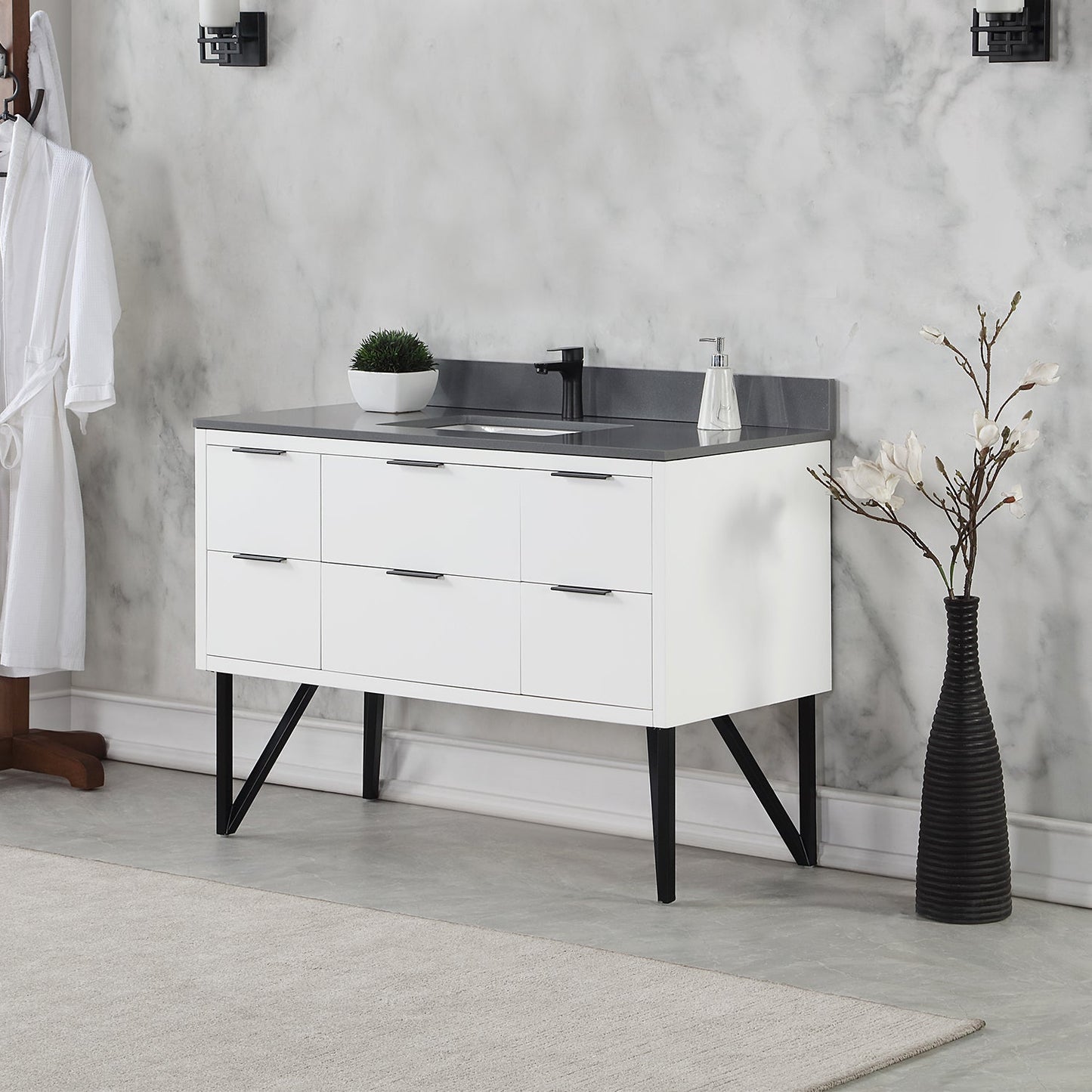 Helios 48" Single Bathroom Vanity in White with Concrete Gray Composite Stone Countertop without Mirror