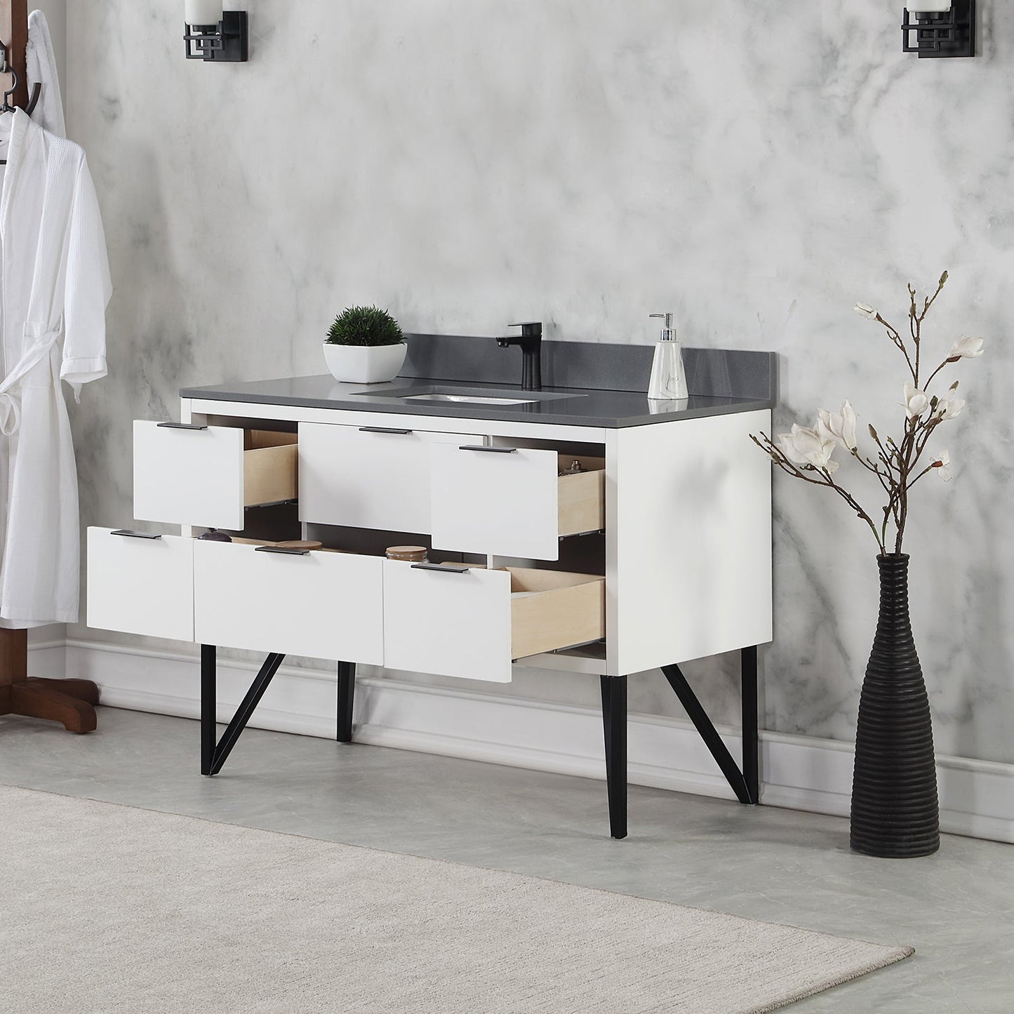 Helios 48" Single Bathroom Vanity in White with Concrete Gray Composite Stone Countertop without Mirror