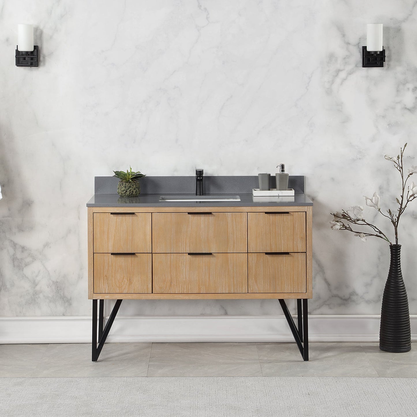 Helios 48" Single Bathroom Vanity in Weathered Pine with Carrara White Composite Stone Countertop without Mirror