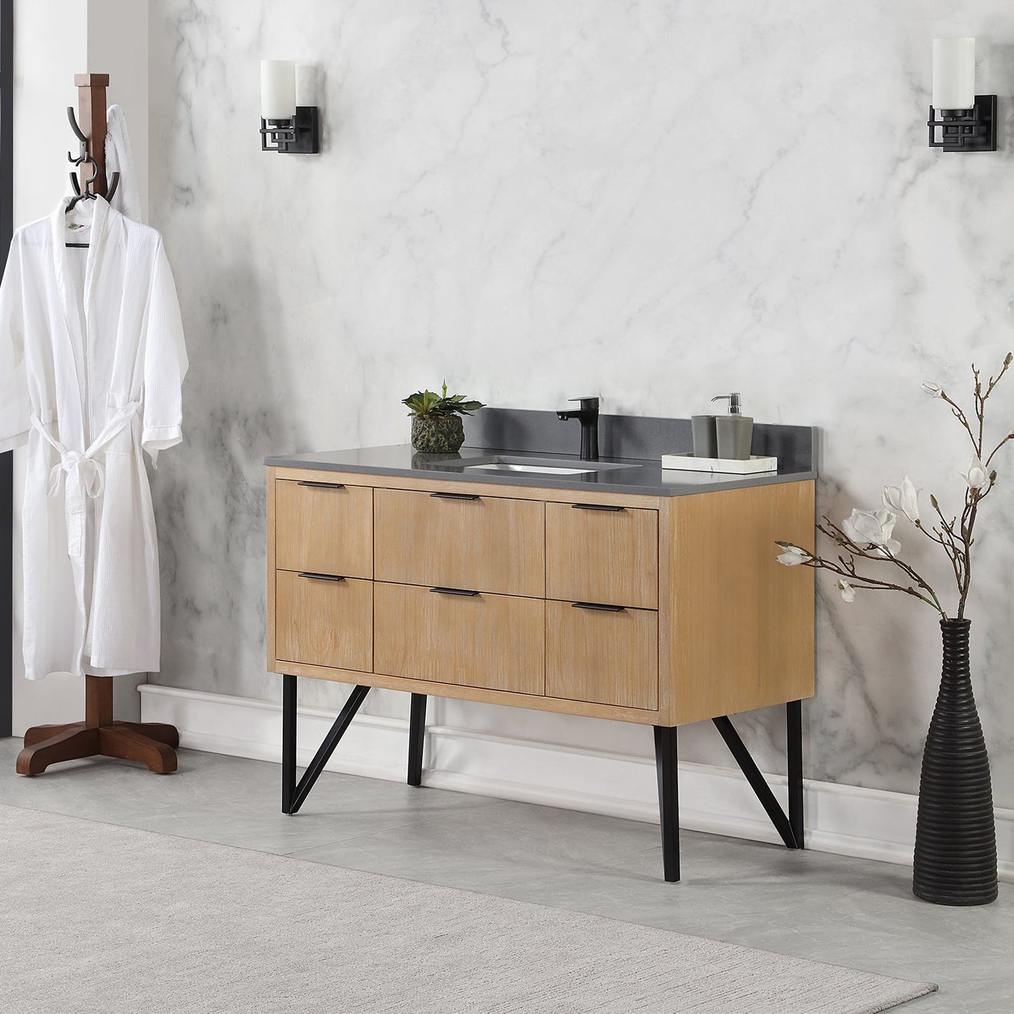 Helios 48" Single Bathroom Vanity in Weathered Pine with Carrara White Composite Stone Countertop without Mirror