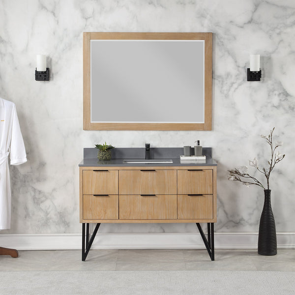 Helios 48 Single Bathroom Vanity in Weathered Pine with Carrara White Composite Stone Countertop with Mirror