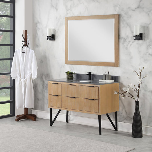 Helios 48" Single Bathroom Vanity in Weathered Pine with Carrara White Composite Stone Countertop with Mirror