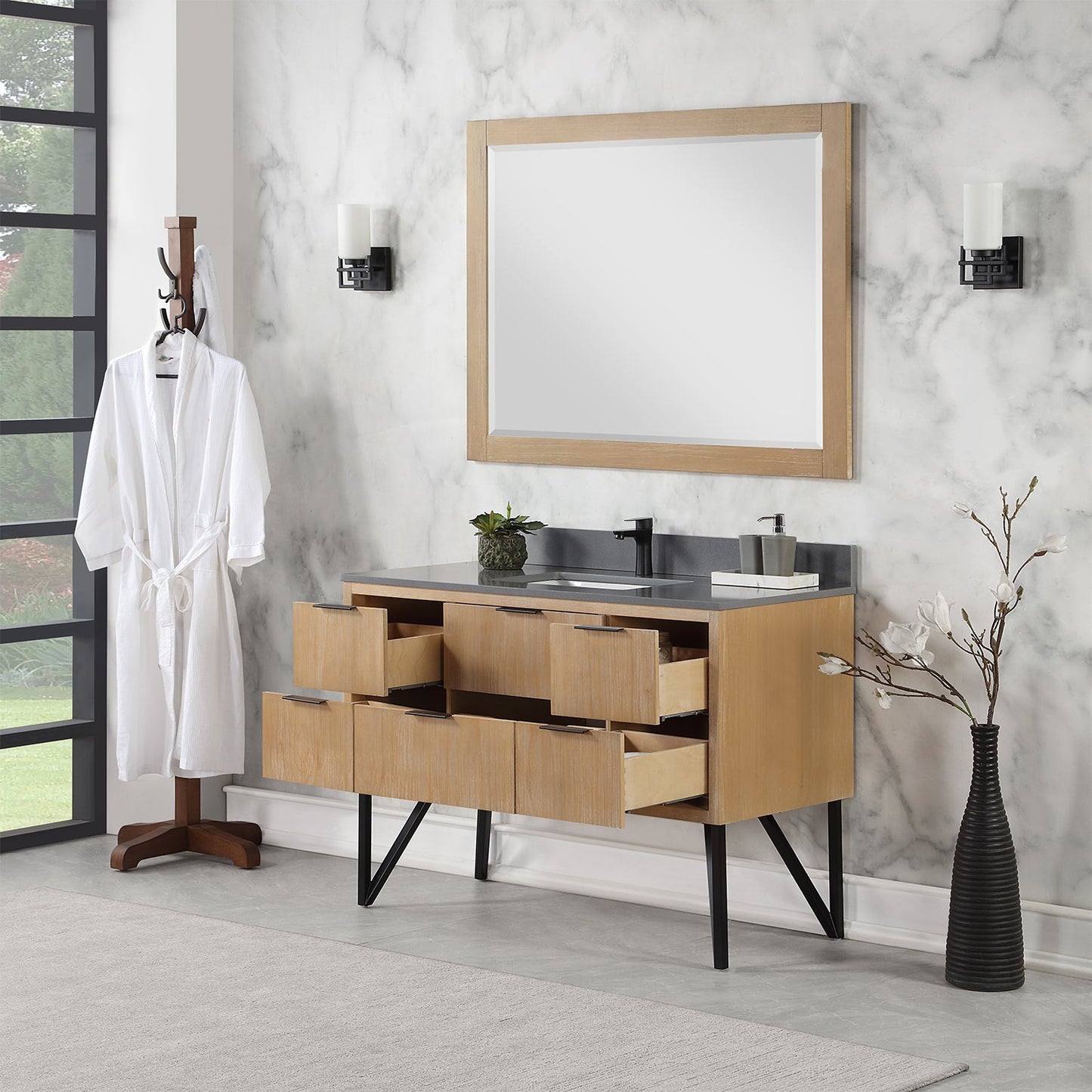 Helios 48" Single Bathroom Vanity in Weathered Pine with Carrara White Composite Stone Countertop with Mirror