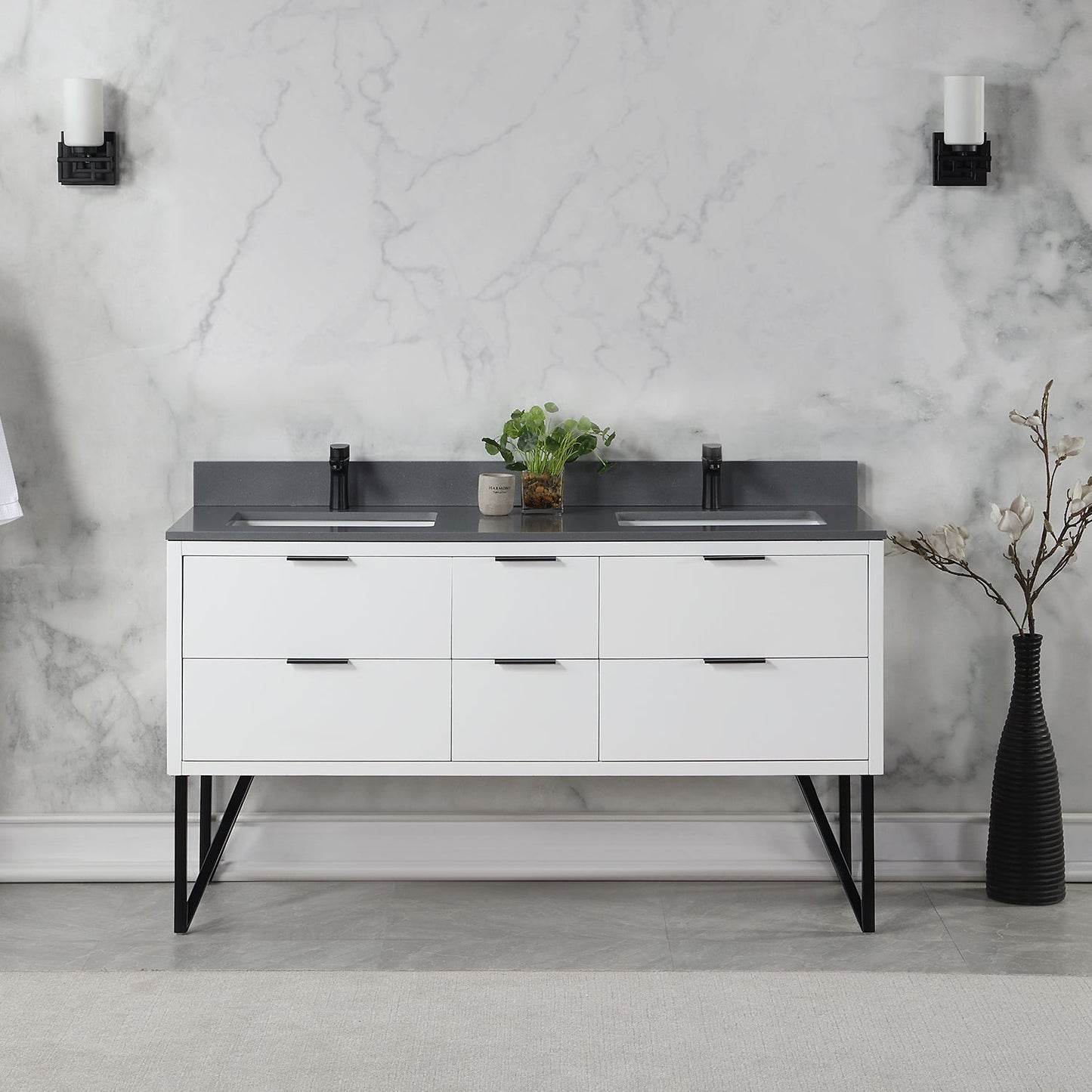 Helios 60" Double Bathroom Vanity in White with Concrete Gray Composite Stone Countertop without Mirror