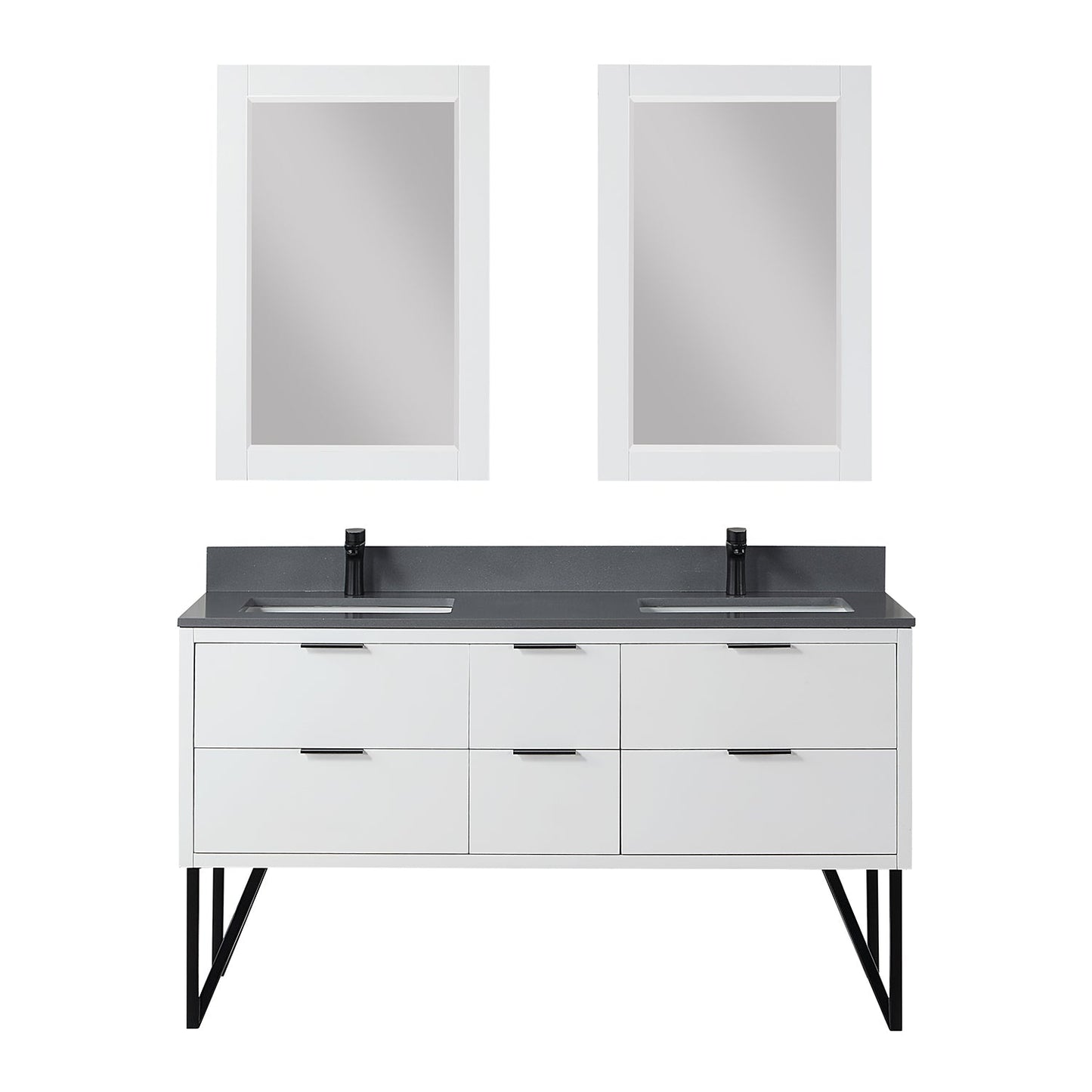 Helios 60" Double Bathroom Vanity in White with Concrete Gray Composite Stone Countertop with Mirror