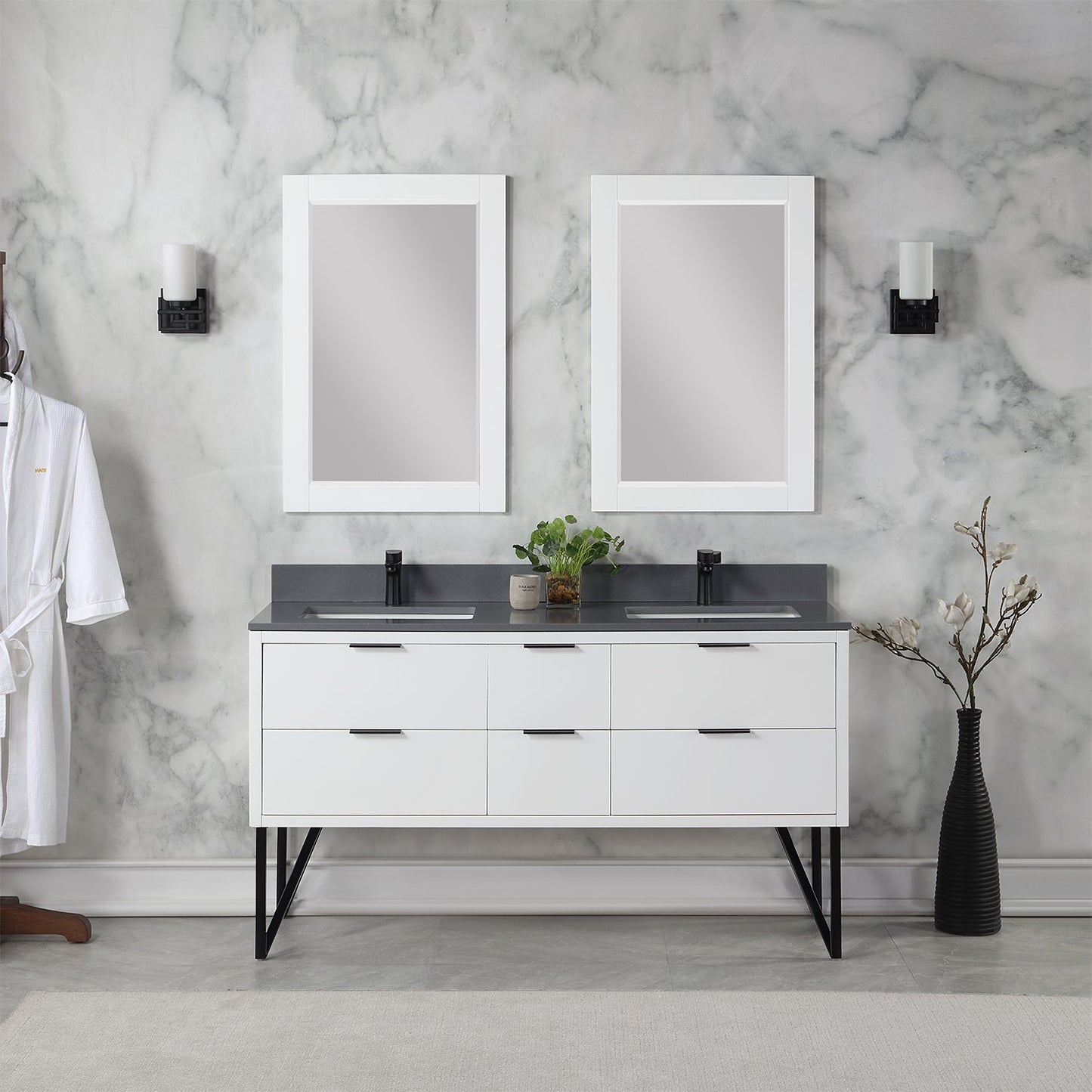 Helios 60" Double Bathroom Vanity in White with Concrete Gray Composite Stone Countertop with Mirror