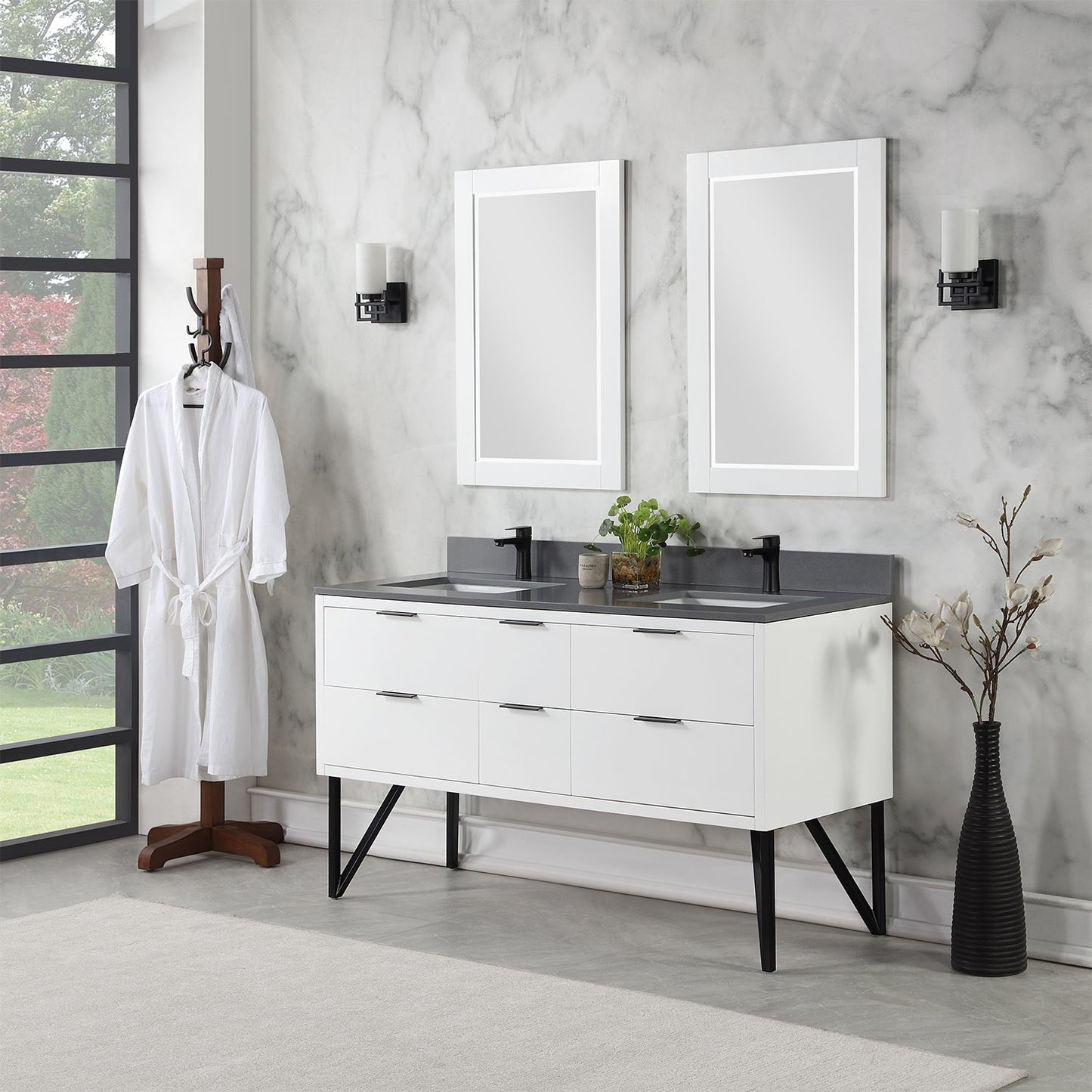 Helios 60" Double Bathroom Vanity in White with Concrete Gray Composite Stone Countertop with Mirror