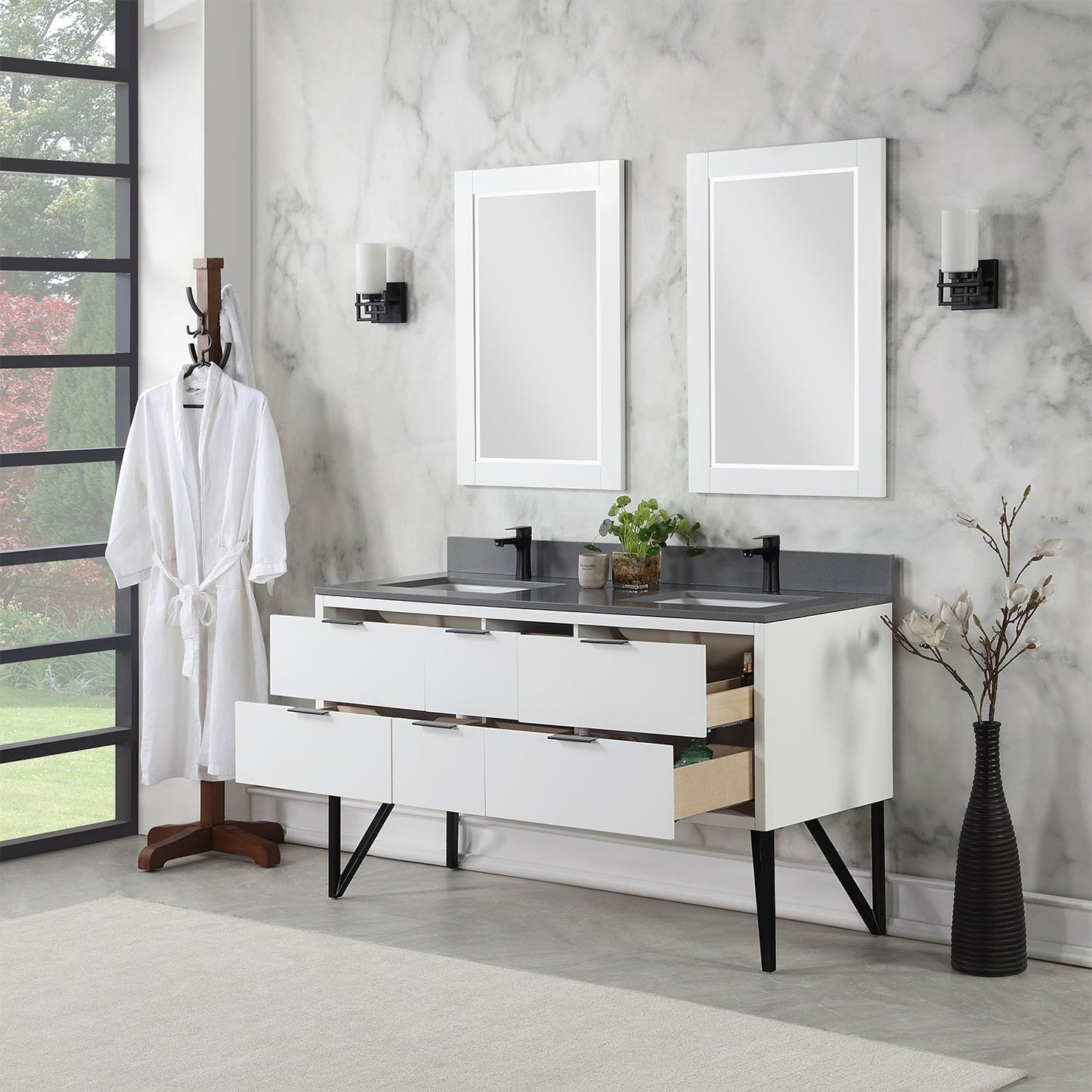 Helios 60" Double Bathroom Vanity in White with Concrete Gray Composite Stone Countertop with Mirror