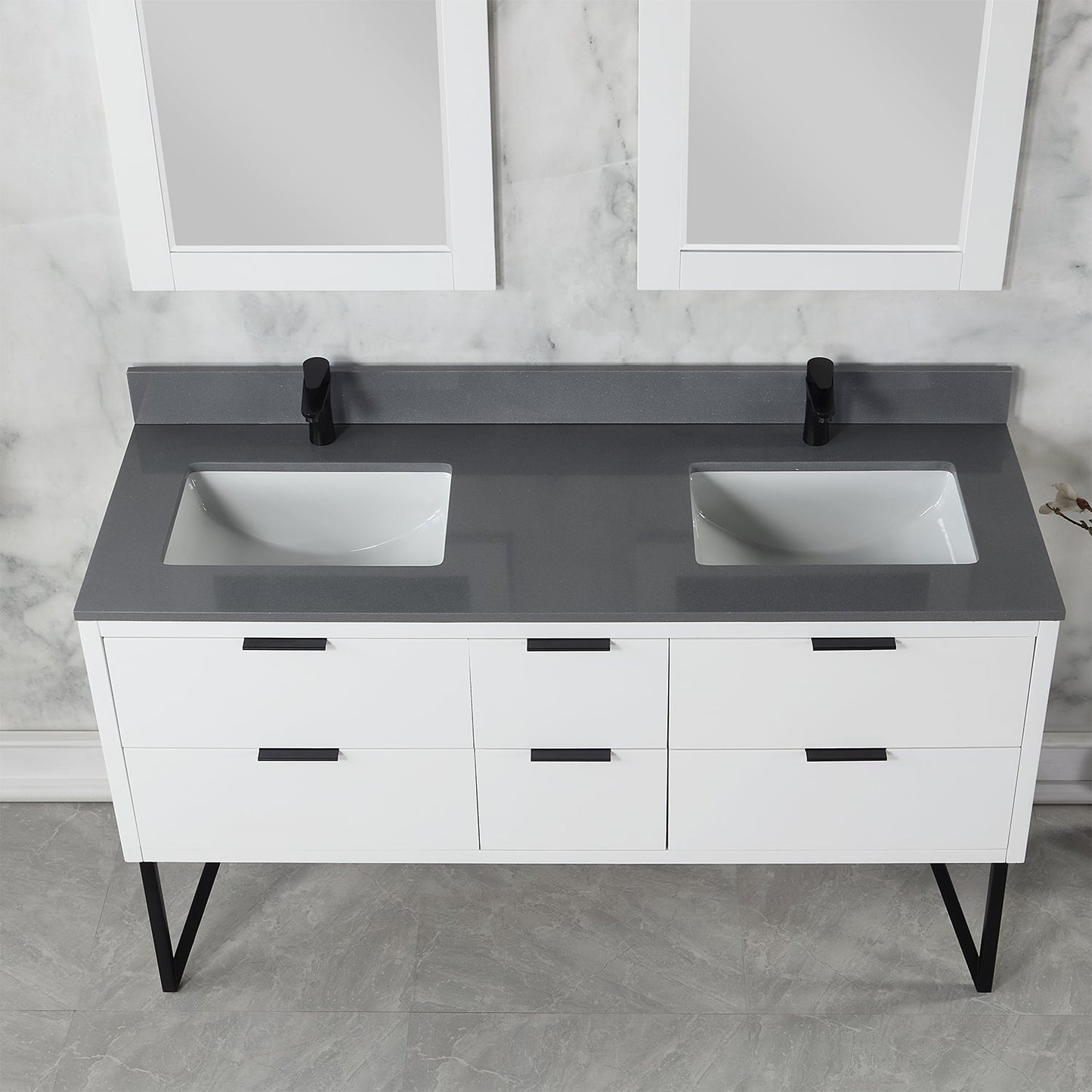 Helios 60" Double Bathroom Vanity in White with Concrete Gray Composite Stone Countertop with Mirror