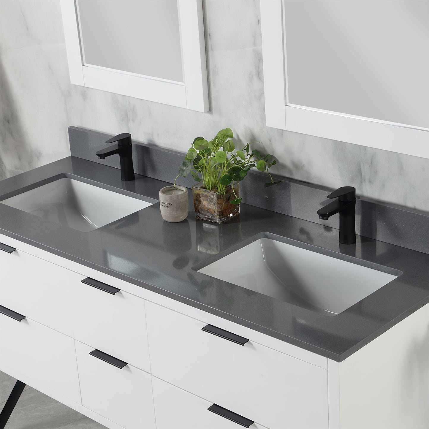 Helios 60" Double Bathroom Vanity in White with Concrete Gray Composite Stone Countertop with Mirror