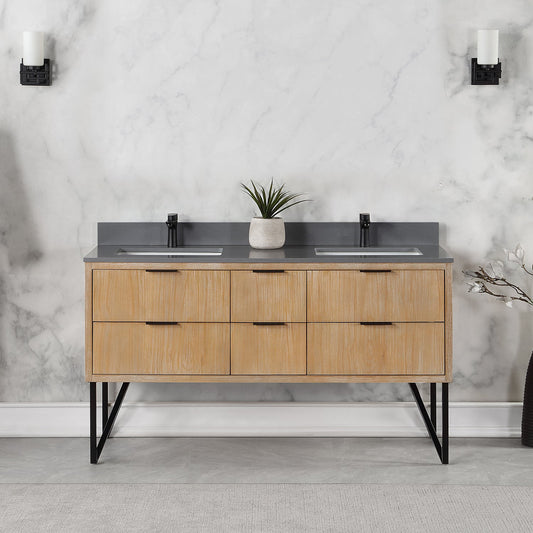 Helios 60" Double Bathroom Vanity in Weathered Pine with Carrara White Composite Stone Countertop without Mirror
