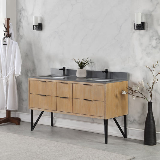 Helios 60" Double Bathroom Vanity in Weathered Pine with Carrara White Composite Stone Countertop without Mirror