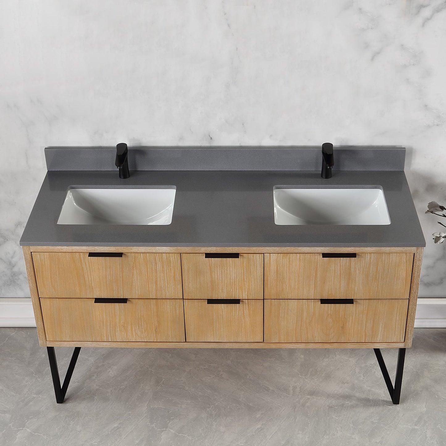 Helios 60" Double Bathroom Vanity in Weathered Pine with Carrara White Composite Stone Countertop without Mirror