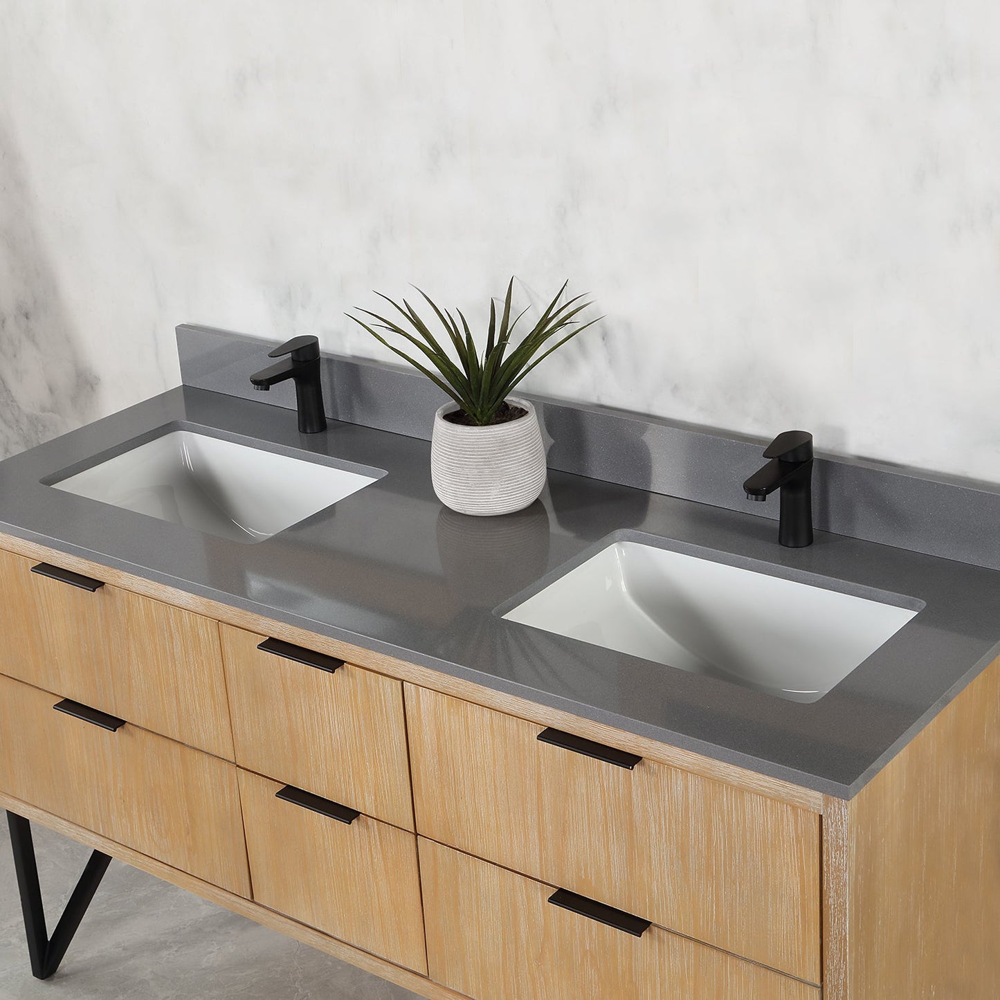 Helios 60" Double Bathroom Vanity in Weathered Pine with Carrara White Composite Stone Countertop without Mirror