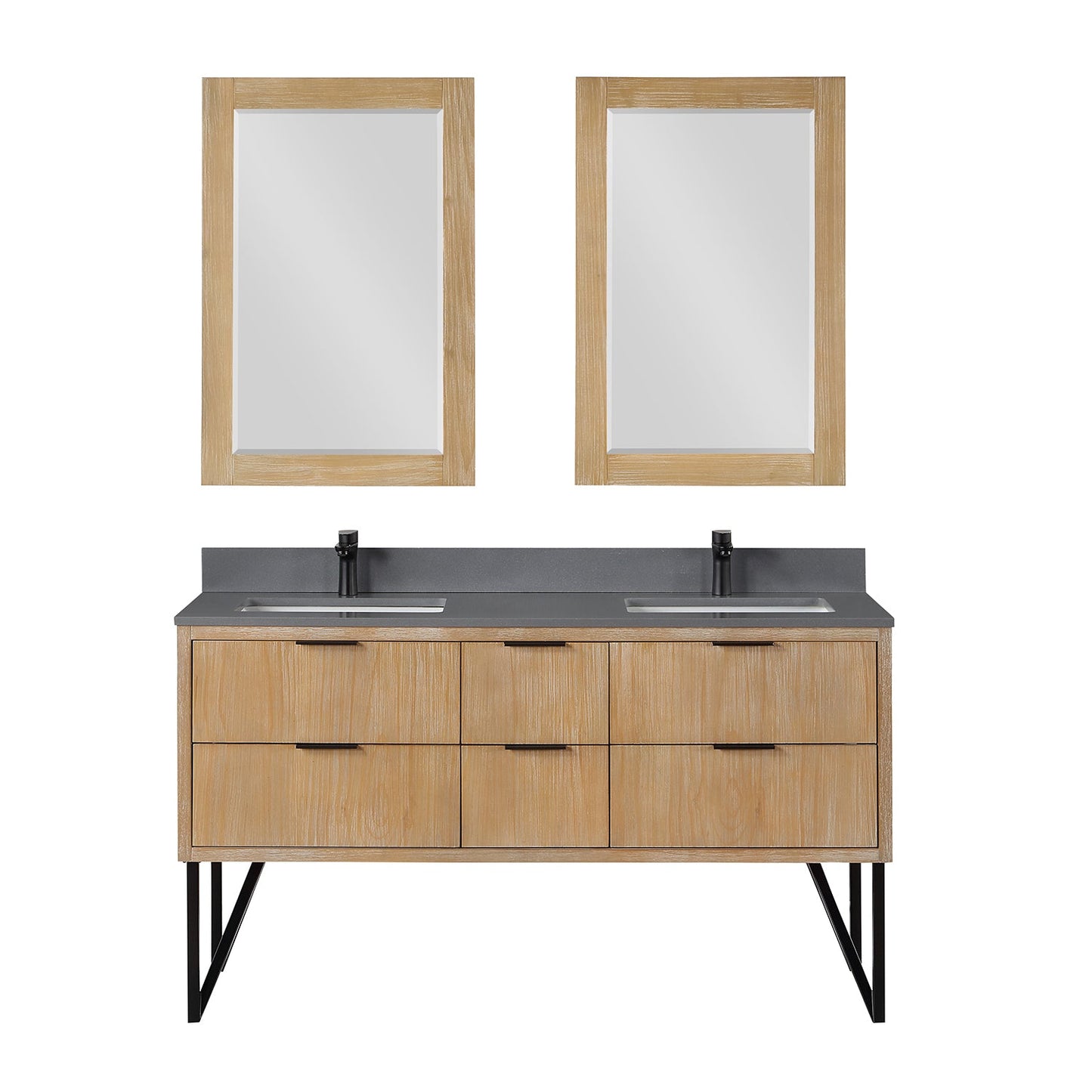 Helios 60" Double Bathroom Vanity in Weathered Pine with Carrara White Composite Stone Countertop with Mirror