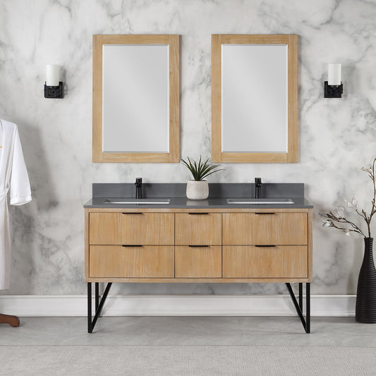 Helios 60" Double Bathroom Vanity in Weathered Pine with Carrara White Composite Stone Countertop with Mirror