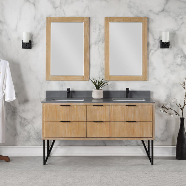 Helios 60 Double Bathroom Vanity in Weathered Pine with Carrara White Composite Stone Countertop with Mirror
