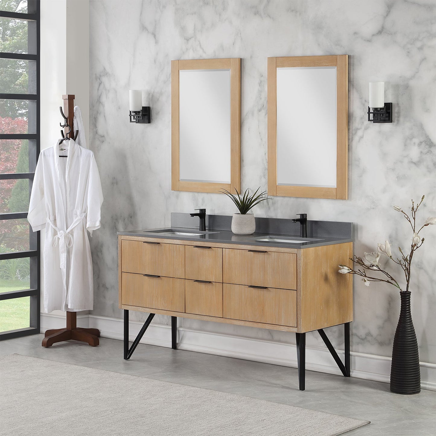 Helios 60" Double Bathroom Vanity in Weathered Pine with Carrara White Composite Stone Countertop with Mirror