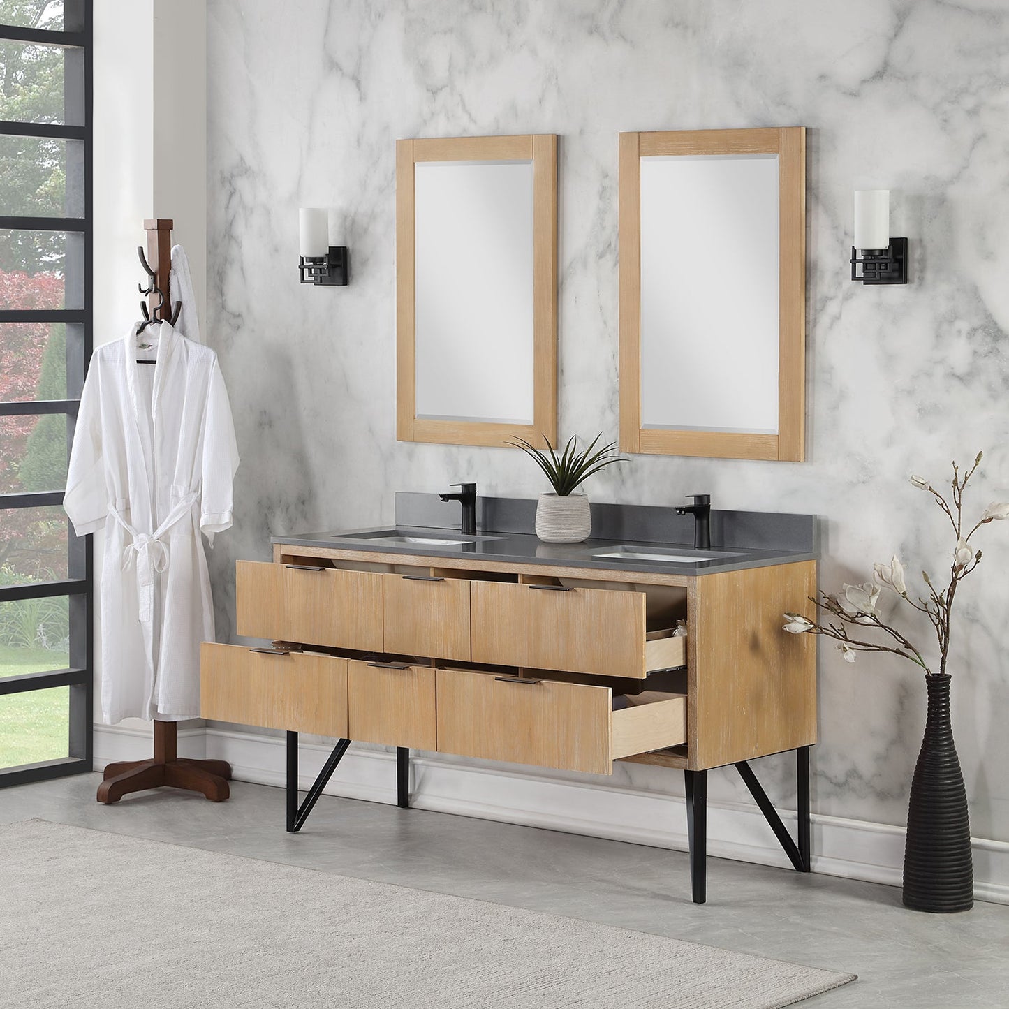 Helios 60" Double Bathroom Vanity in Weathered Pine with Carrara White Composite Stone Countertop with Mirror