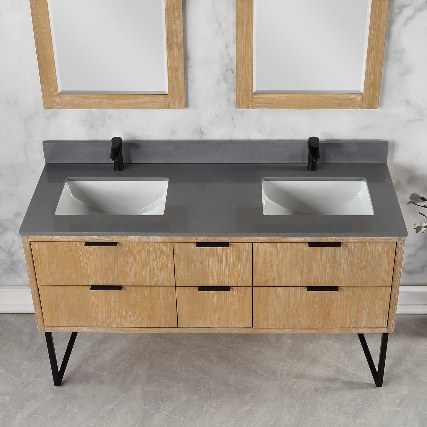 Helios 60" Double Bathroom Vanity in Weathered Pine with Carrara White Composite Stone Countertop with Mirror