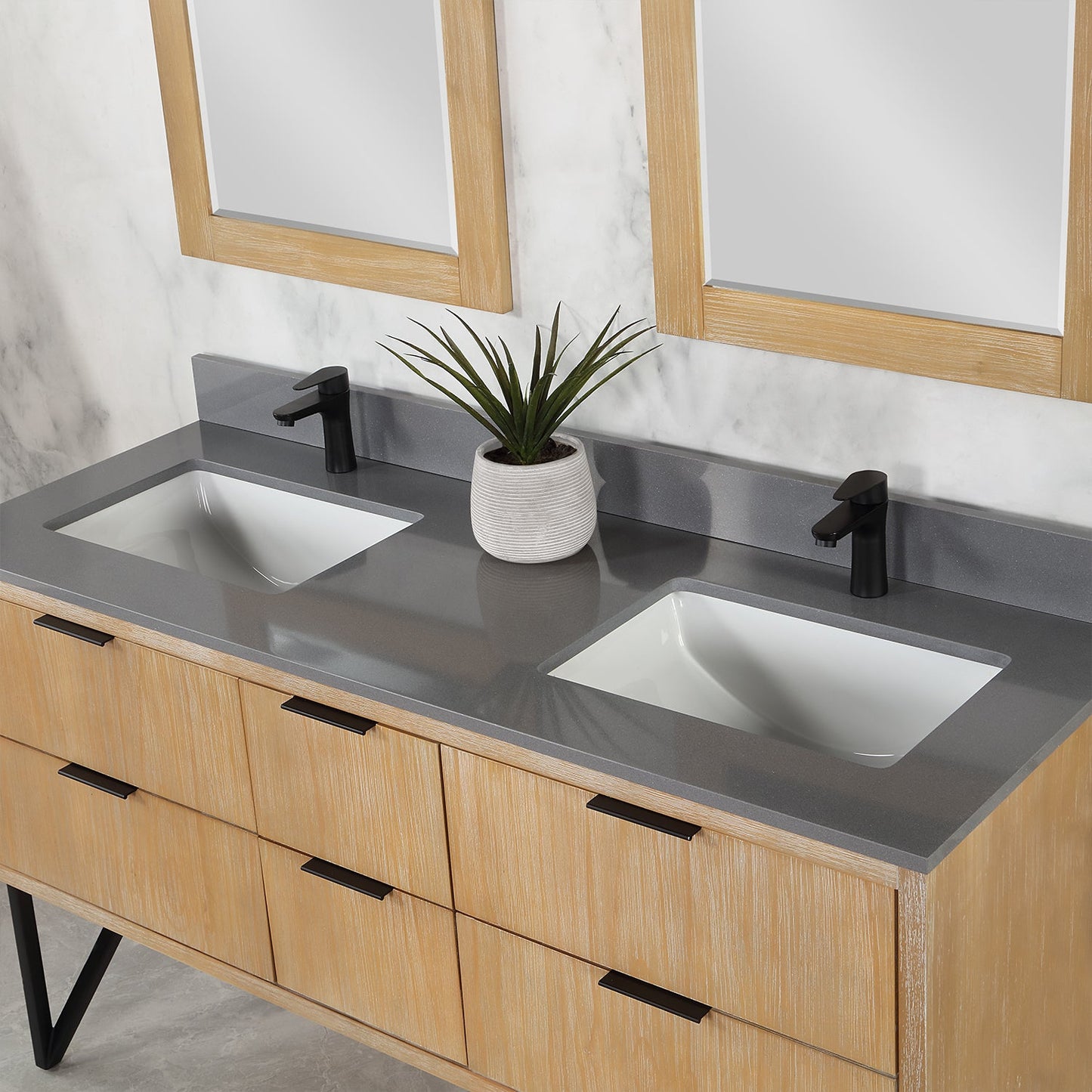 Helios 60" Double Bathroom Vanity in Weathered Pine with Carrara White Composite Stone Countertop with Mirror