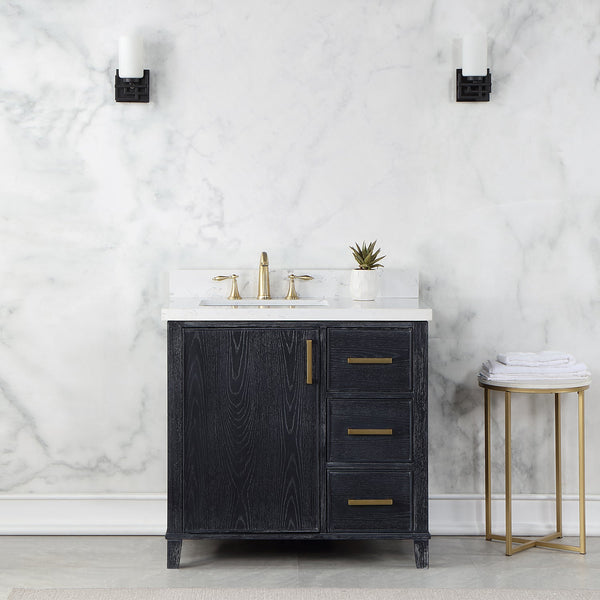 Weiser 36 Single Bathroom Vanity in Black Oak with Carrara White Composite Stone Countertop without Mirror
