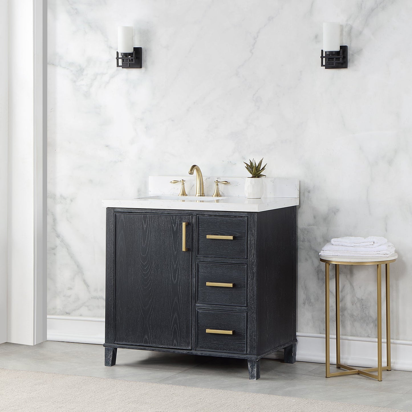 Weiser 36" Single Bathroom Vanity in Black Oak with Carrara White Composite Stone Countertop without Mirror