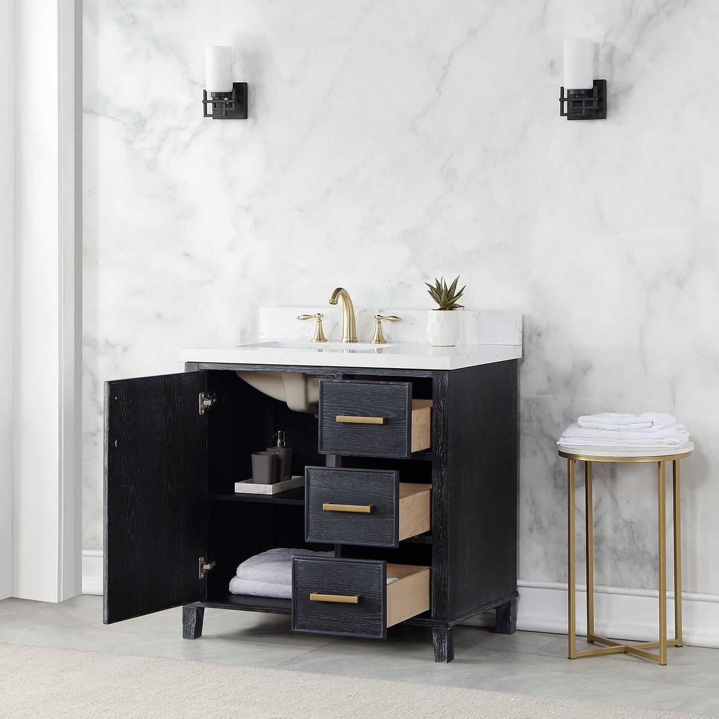 Weiser 36" Single Bathroom Vanity in Black Oak with Carrara White Composite Stone Countertop without Mirror