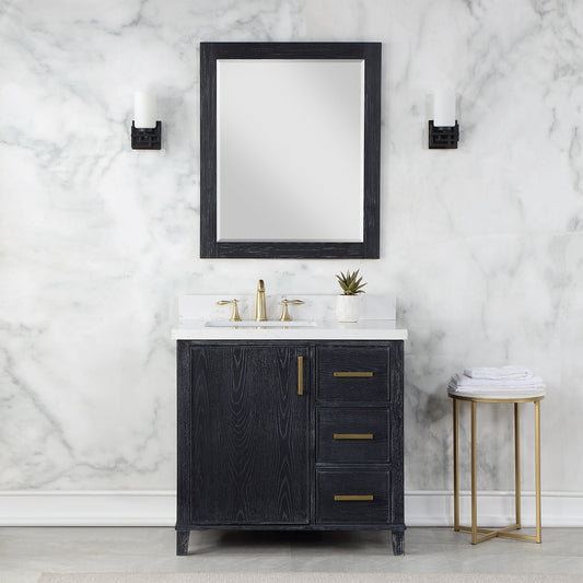 Weiser 36" Single Bathroom Vanity in Black Oak with Carrara White Composite Stone Countertop with Mirror