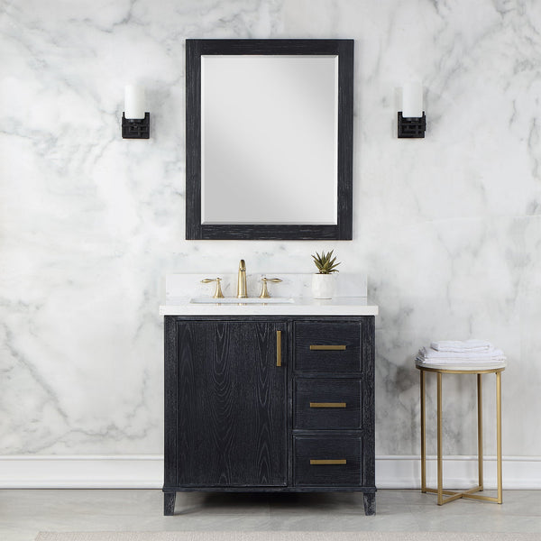 Weiser 36 Single Bathroom Vanity in Black Oak with Carrara White Composite Stone Countertop with Mirror
