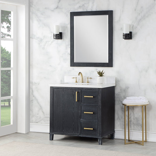 Weiser 36" Single Bathroom Vanity in Black Oak with Carrara White Composite Stone Countertop with Mirror