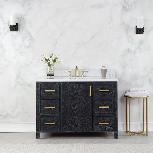 Weiser 48 Single Bathroom Vanity in Black Oak with Carrara White Composite Stone Countertop without Mirror