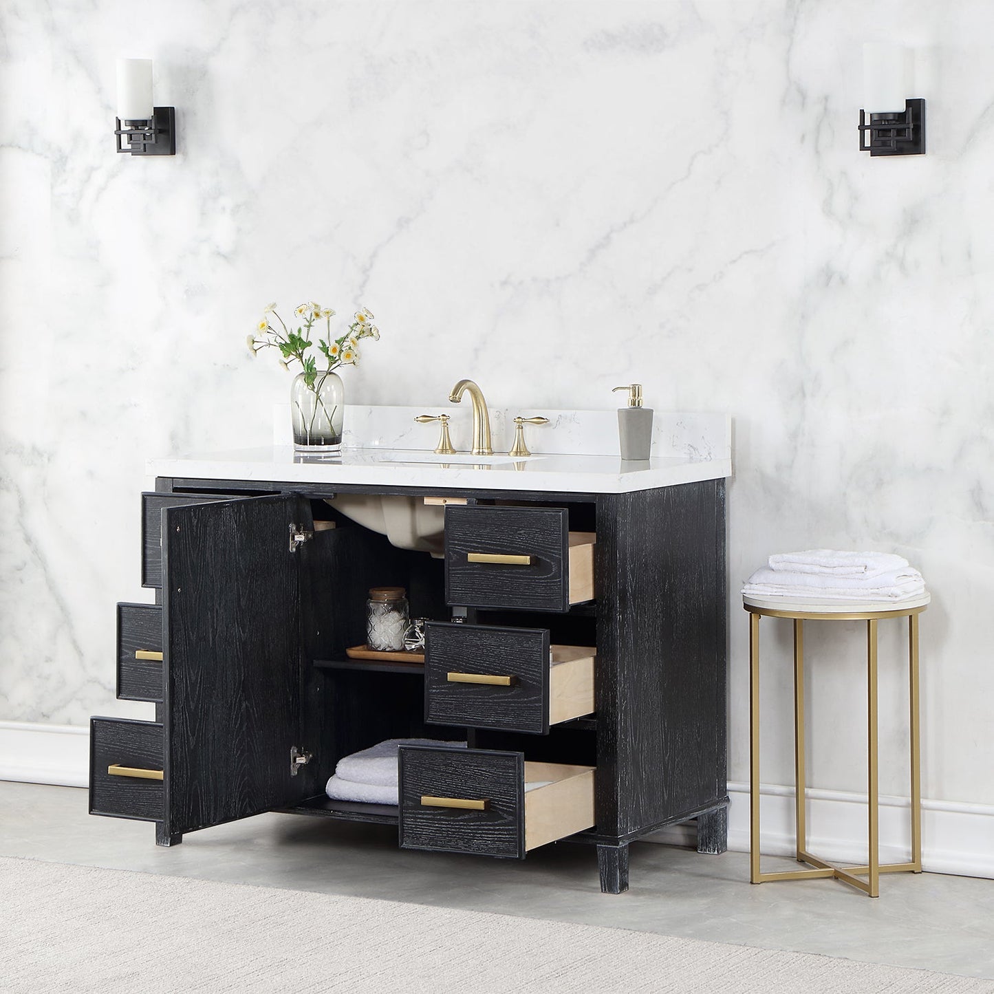 Weiser 48" Single Bathroom Vanity in Black Oak with Carrara White Composite Stone Countertop without Mirror