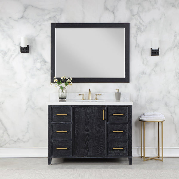 Weiser 48 Single Bathroom Vanity in Black Oak with Carrara White Composite Stone Countertop with Mirror