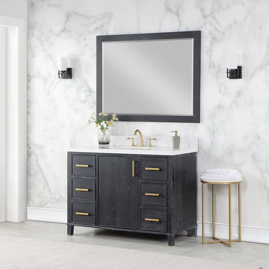 Weiser 48" Single Bathroom Vanity in Black Oak with Carrara White Composite Stone Countertop with Mirror