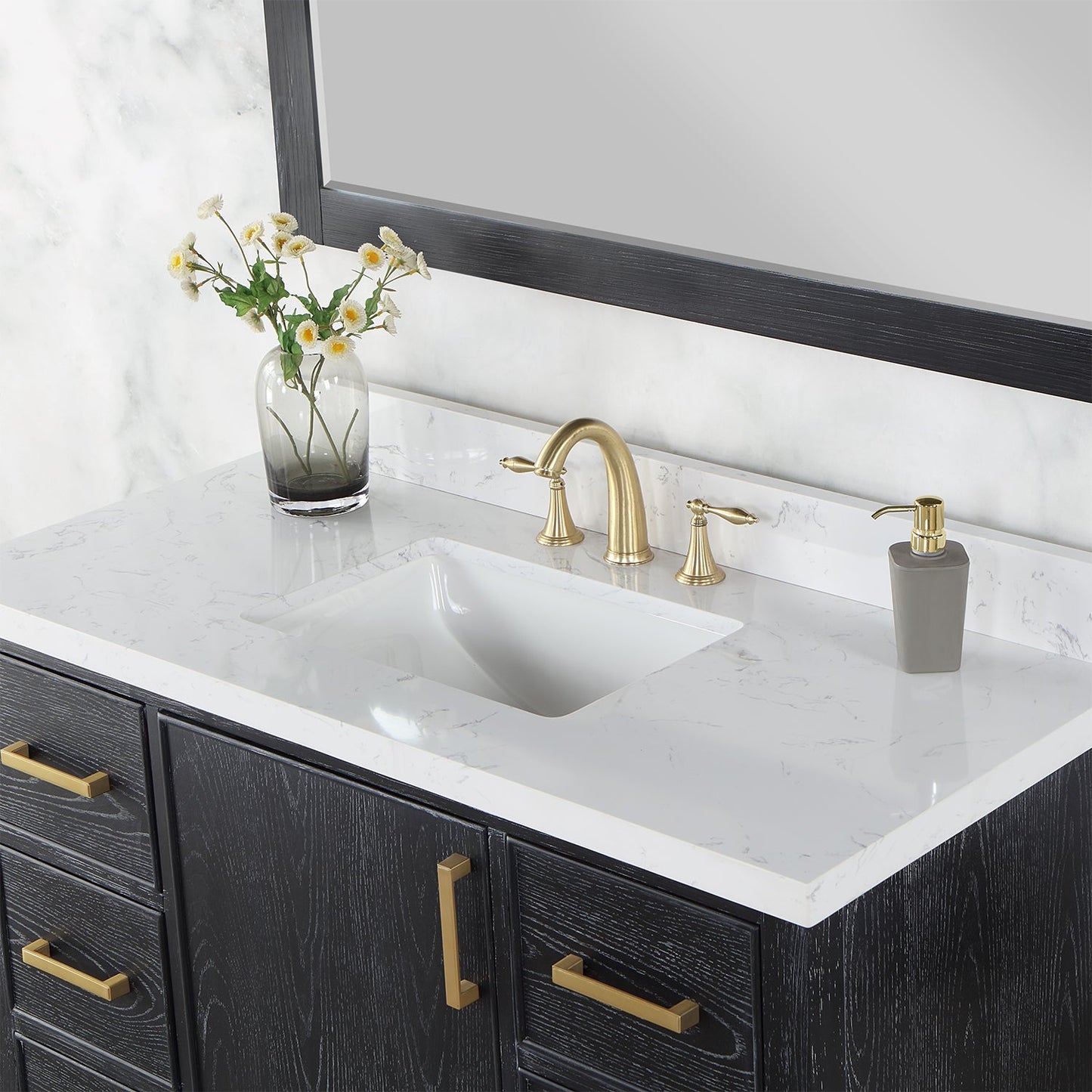 Weiser 48" Single Bathroom Vanity in Black Oak with Carrara White Composite Stone Countertop with Mirror