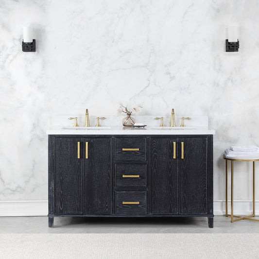 Weiser 60" Double Bathroom Vanity in Black Oak with Carrara White Composite Stone Countertop without Mirror