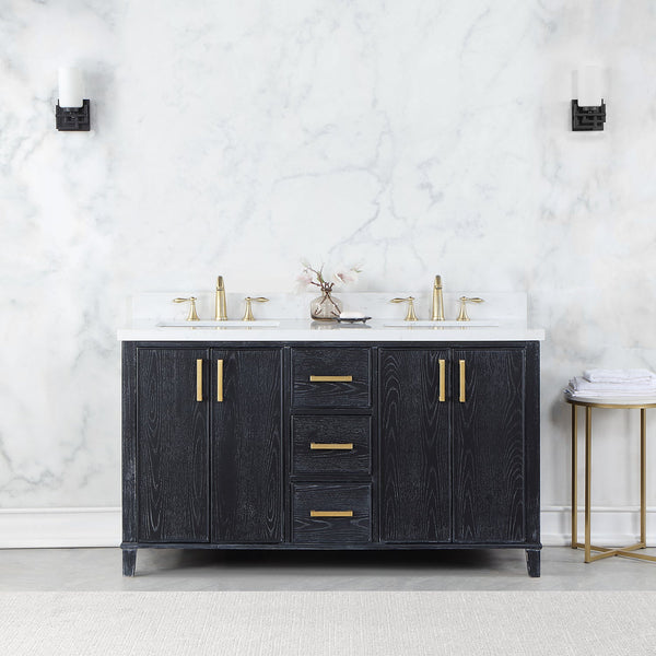 Weiser 60 Double Bathroom Vanity in Black Oak with Carrara White Composite Stone Countertop without Mirror
