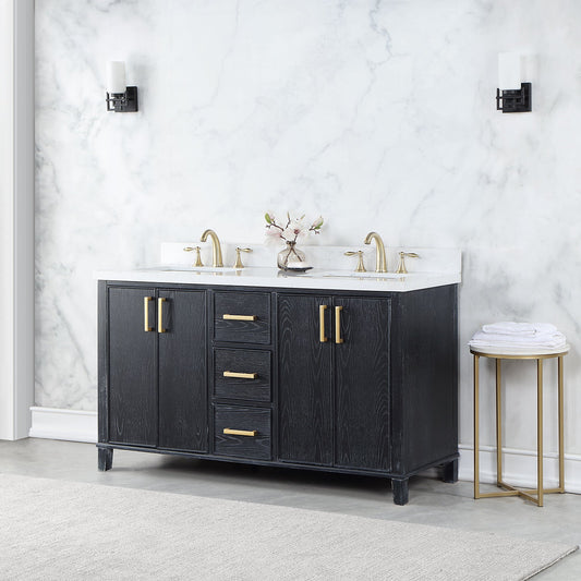 Weiser 60" Double Bathroom Vanity in Black Oak with Carrara White Composite Stone Countertop without Mirror