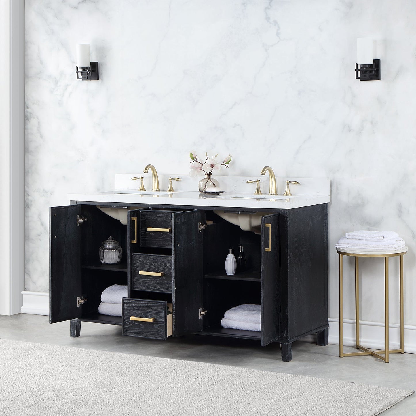 Weiser 60" Double Bathroom Vanity in Black Oak with Carrara White Composite Stone Countertop without Mirror