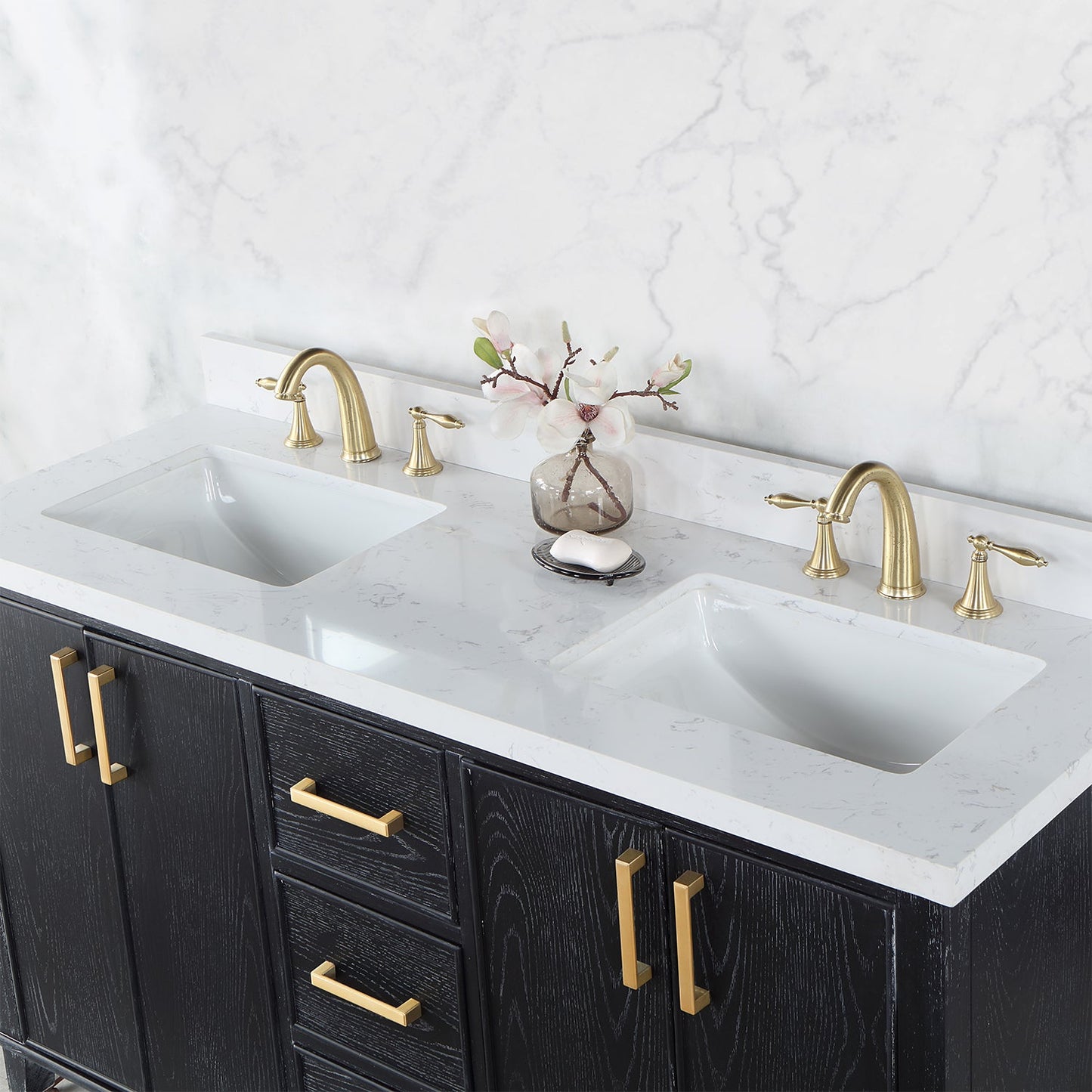 Weiser 60" Double Bathroom Vanity in Black Oak with Carrara White Composite Stone Countertop without Mirror