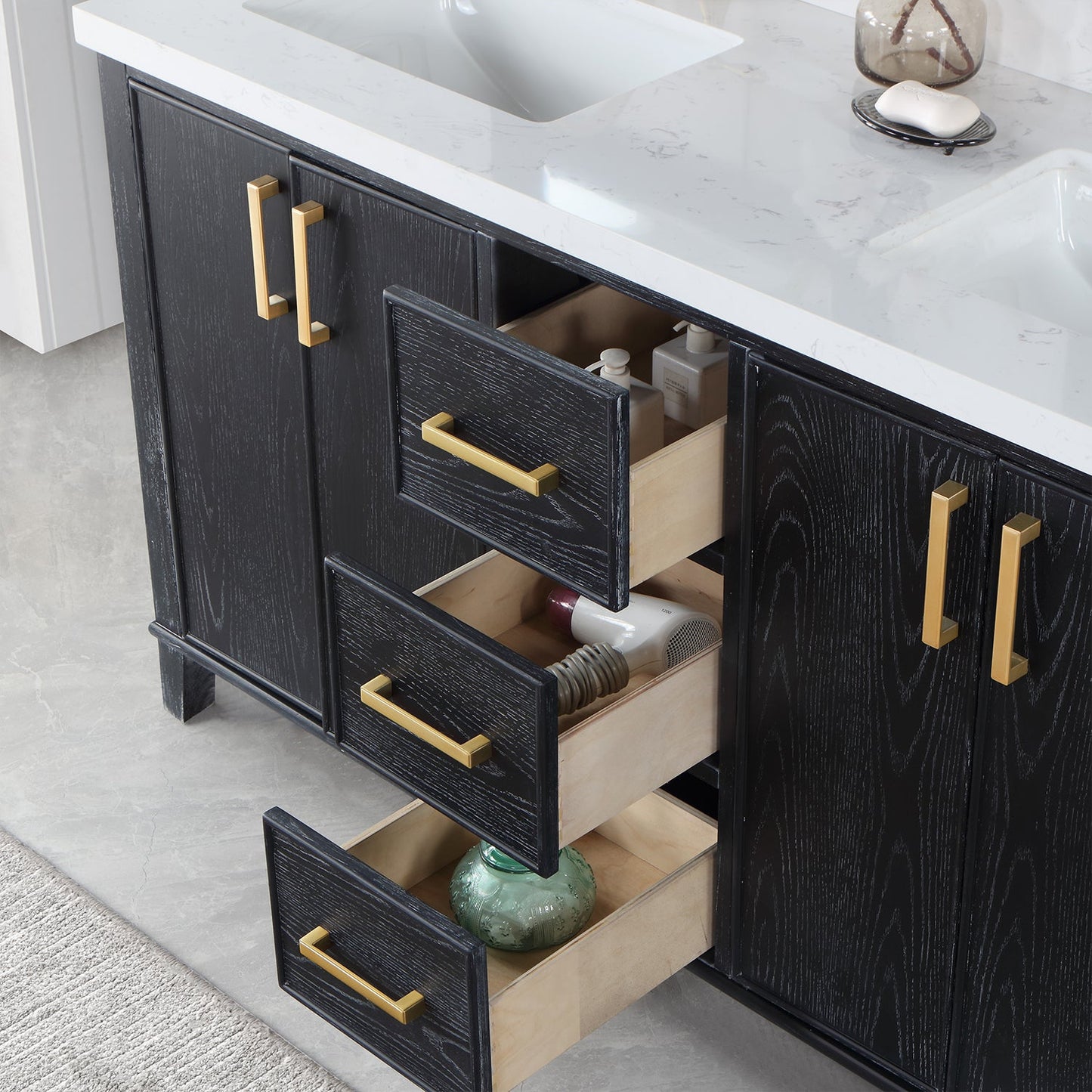 Weiser 60" Double Bathroom Vanity in Black Oak with Carrara White Composite Stone Countertop without Mirror