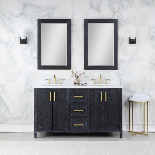 Weiser 60" Double Bathroom Vanity in Black Oak with Carrara White Composite Stone Countertop with Mirror