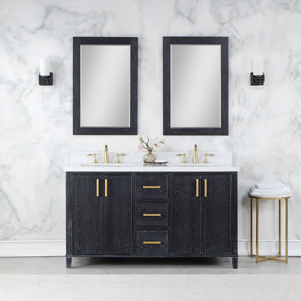 Weiser 60 Double Bathroom Vanity in Black Oak with Carrara White Composite Stone Countertop with Mirror