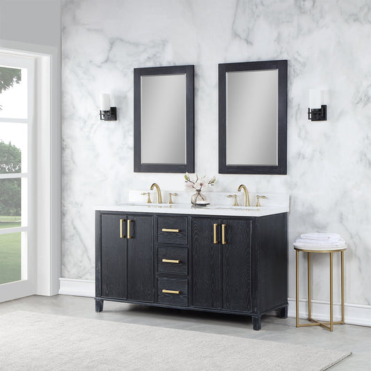 Weiser 60" Double Bathroom Vanity in Black Oak with Carrara White Composite Stone Countertop with Mirror
