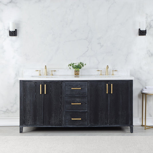 Weiser 72" Double Bathroom Vanity in Black Oak with Carrara White Composite Stone Countertop without Mirror