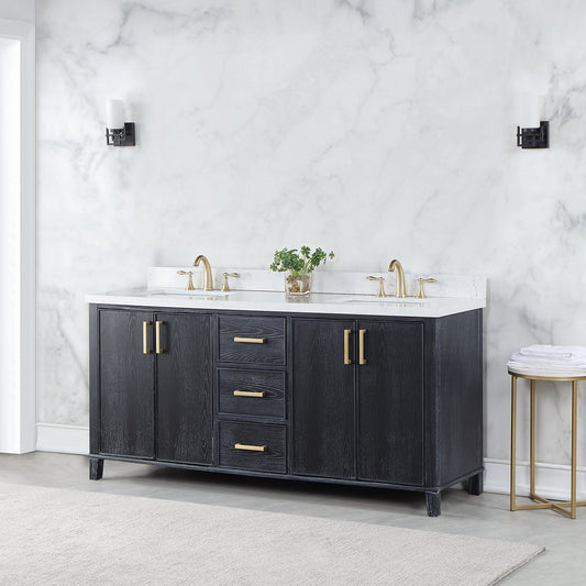 Weiser 72" Double Bathroom Vanity in Black Oak with Carrara White Composite Stone Countertop without Mirror