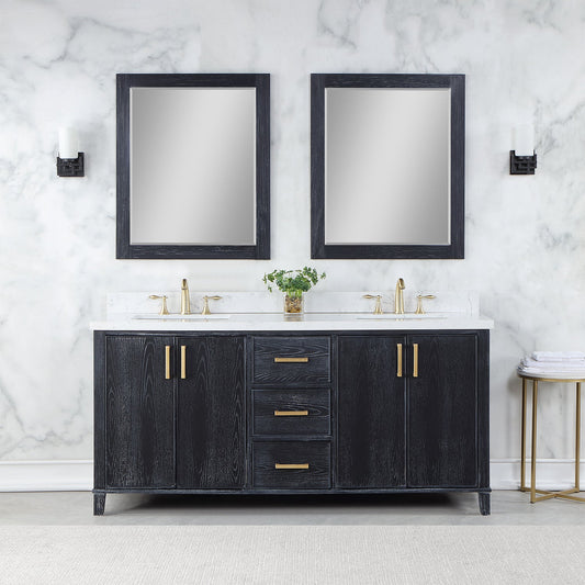 Weiser 72" Double Bathroom Vanity in Black Oak with Carrara White Composite Stone Countertop with Mirror